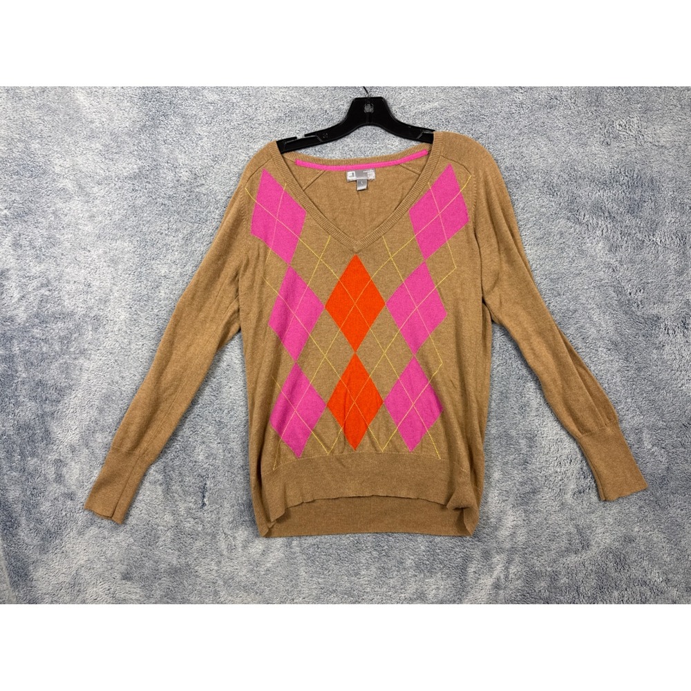 JCP Womens L Tan Argyle V-Neck Cashmere Blend Long Sleeve Sweater JC00-049-A